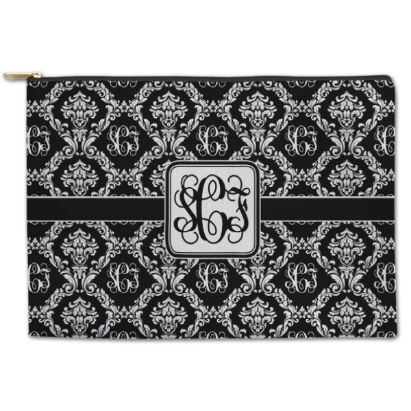 Custom Monogrammed Damask Zipper Pouch - Large - 12.5"x8.5" (Personalized)