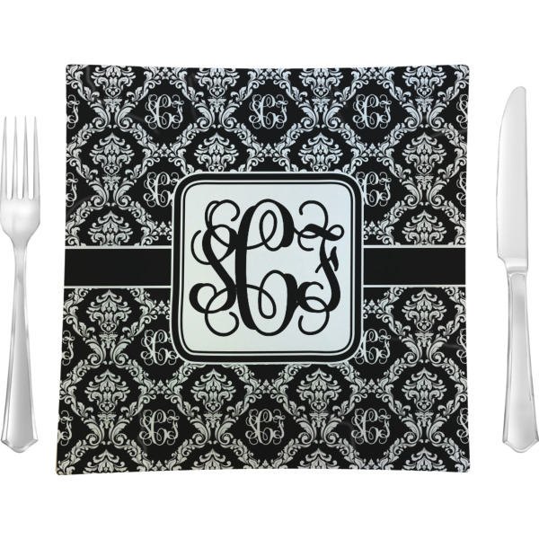 Custom Monogrammed Damask Glass Square Lunch / Dinner Plate 9.5" (Personalized)