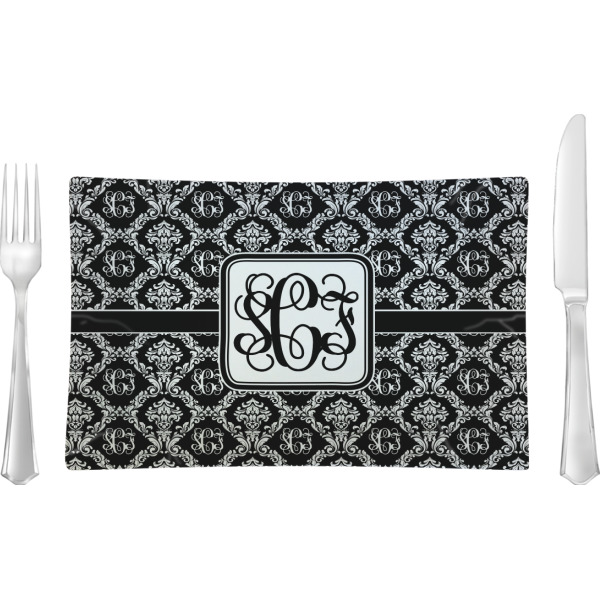 Custom Monogrammed Damask Rectangular Glass Lunch / Dinner Plate - Single or Set (Personalized)