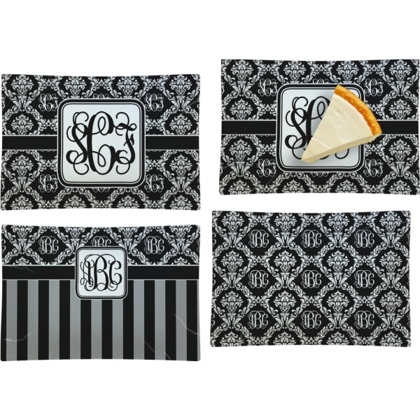 Custom Monogrammed Damask Set of 4 Glass Rectangular Appetizer / Dessert Plate (Personalized)