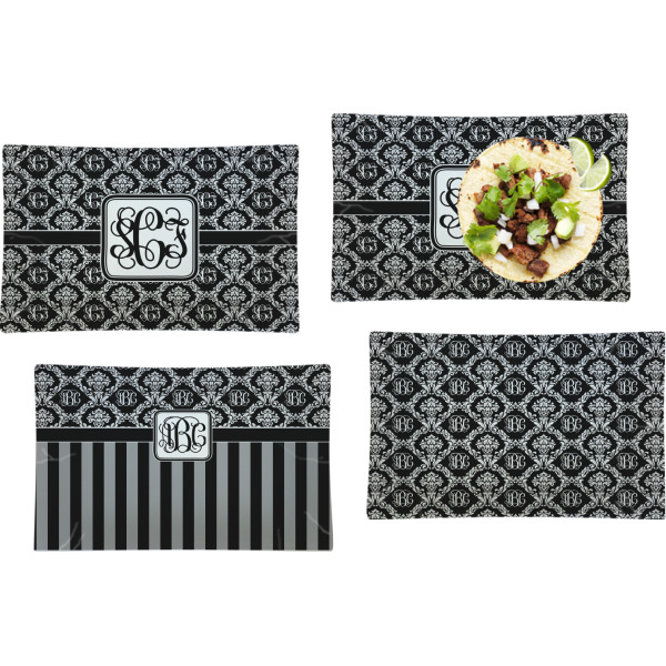 Custom Monogrammed Damask Set of 4 Glass Rectangular Lunch / Dinner Plate (Personalized)