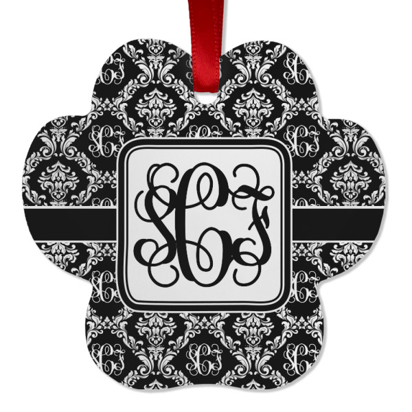 Custom Monogrammed Damask Metal Paw Ornament - Double Sided