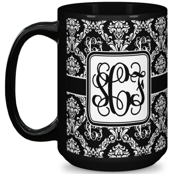 Custom Monogrammed Damask 15 Oz Coffee Mug - Black