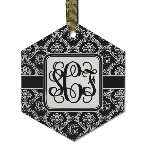 Custom Monogrammed Damask Flat Glass Ornament - Hexagon