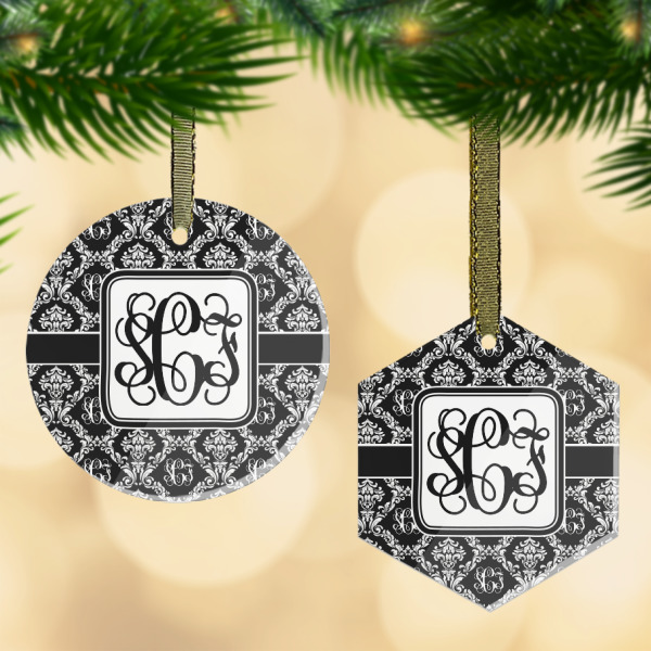 Custom Monogrammed Damask Flat Glass Ornament