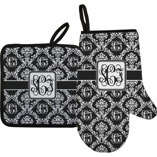 Custom Monogrammed Damask Oven Mitt & Pot Holder Set