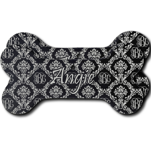 Custom Monogrammed Damask Ceramic Dog Ornament - Front & Back