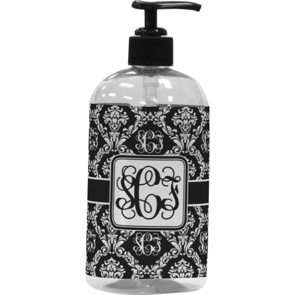 Custom Monogrammed Damask Plastic Soap / Lotion Dispenser (16 oz - Large - Black)