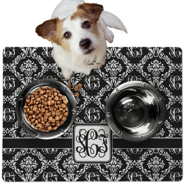 Custom Monogrammed Damask Dog Food Mat - Medium