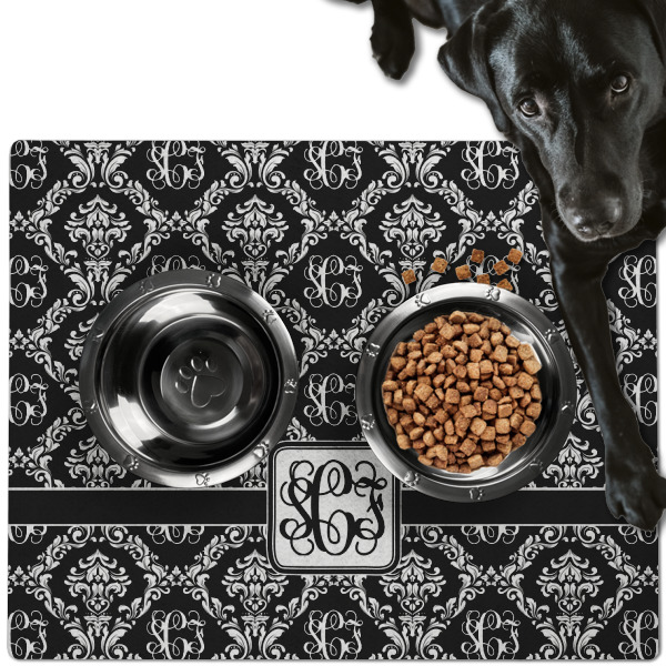 Custom Monogrammed Damask Dog Food Mat - Large