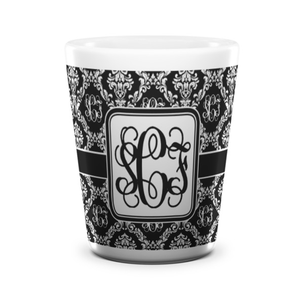 Custom Monogrammed Damask Ceramic Shot Glass - 1.5 oz - White - Set of 4