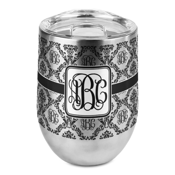 Custom Monogrammed Damask Stemless Wine Tumbler - Full Print