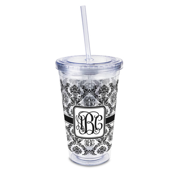 Custom Monogrammed Damask 16oz Double Wall Acrylic Tumbler with Lid & Straw - Full Print