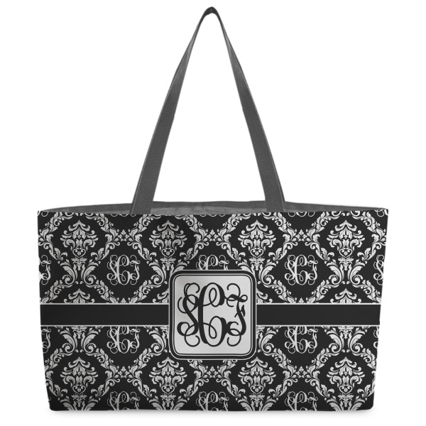 Custom Monogrammed Damask Beach Totes Bag - w/ Black Handles