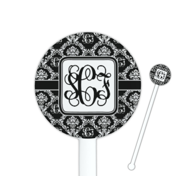 Custom Monogrammed Damask 5.5" Round Plastic Stir Sticks - White - Single Sided