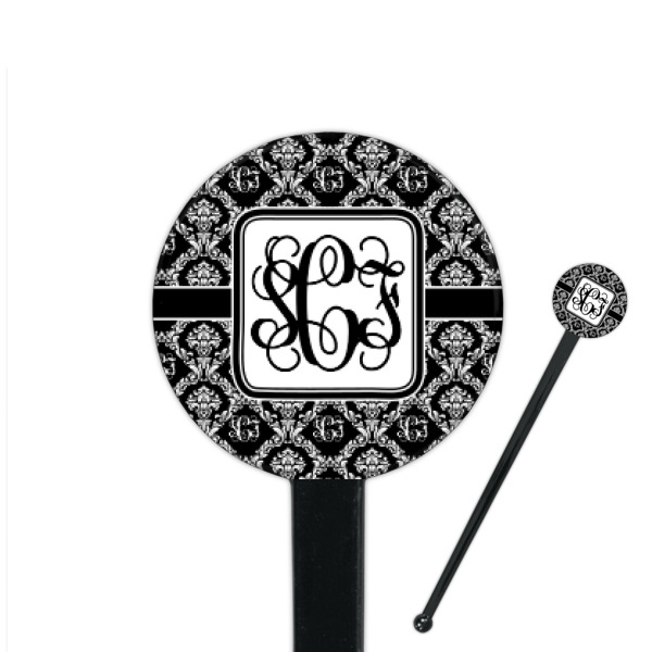 Custom Monogrammed Damask 7" Round Plastic Stir Sticks - Black - Single Sided