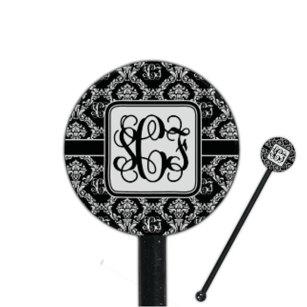 Custom Monogrammed Damask 5.5" Round Plastic Stir Sticks - Black - Single Sided