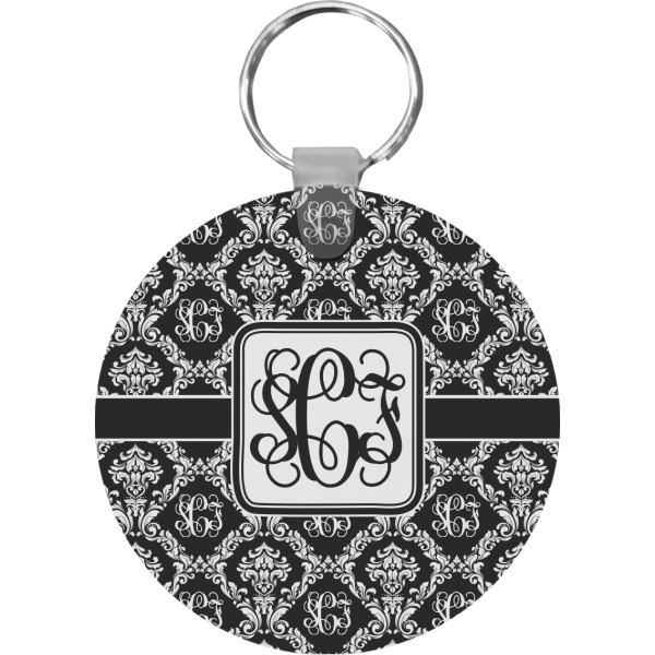 Custom Monogrammed Damask Round Plastic Keychain