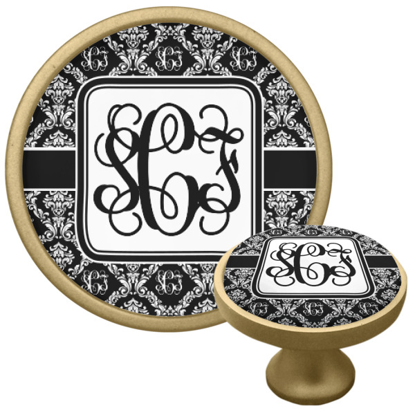 Custom Monogrammed Damask Cabinet Knob - Gold