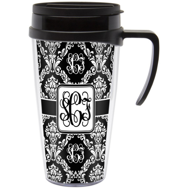 Custom Monogrammed Damask Acrylic Travel Mug with Handle (Personalized)